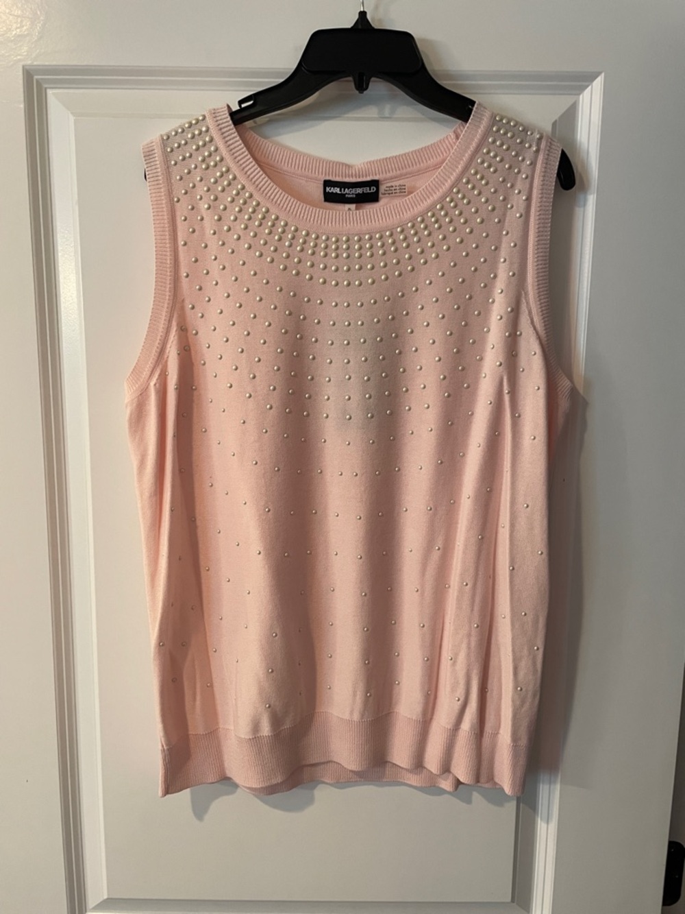 Karl Lagerfeld Blush Pink Pearl-Studded Sleeveless Knit Top